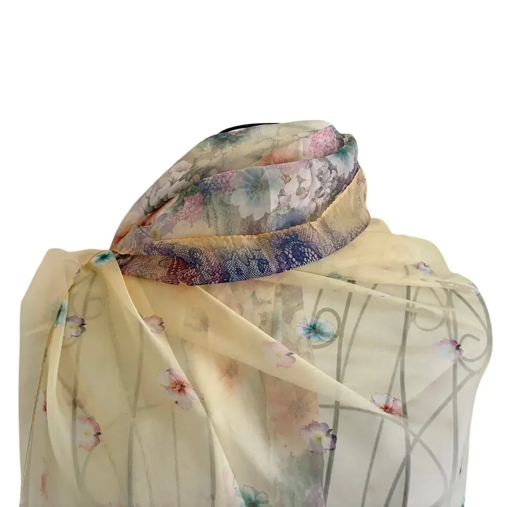 Impressionist Floral  !00% Silk Large Scarf Wrap Shawl Yellow Cottage  56 x 54